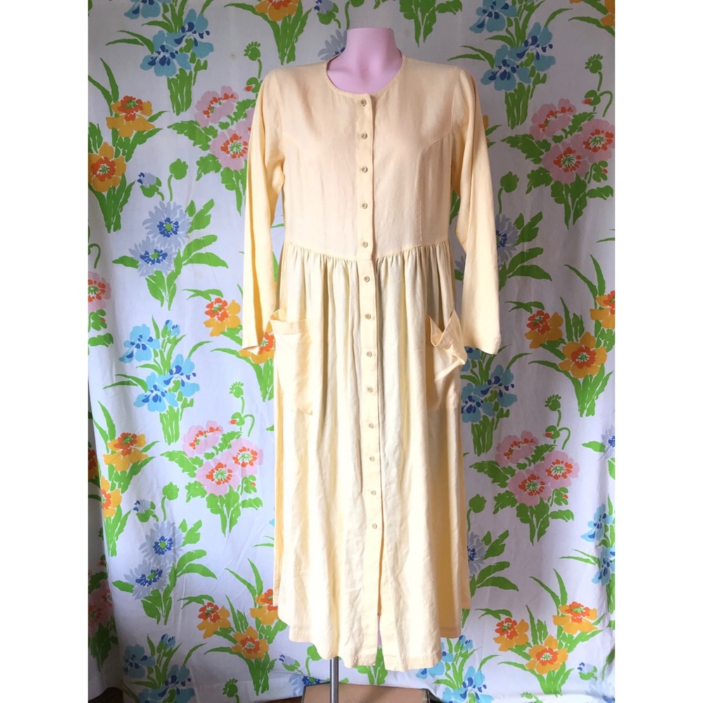 Vintage Eddie Bauer Butter Yellow 100% Linen Long Sleeve Maxi Dress Button Front